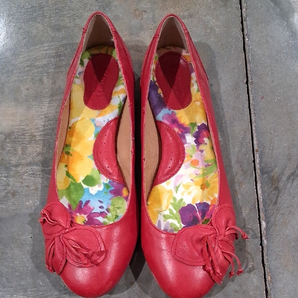 Born Red Leather Flats with Floral Embellishment